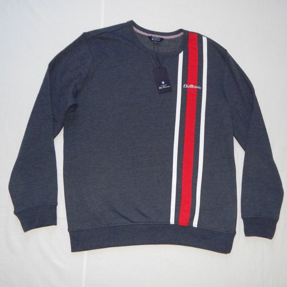 NWT Ben Sherman Original Logo Striped Pullover Fleece Sweatshirt Navy Heather XL - Picture 1 of 7